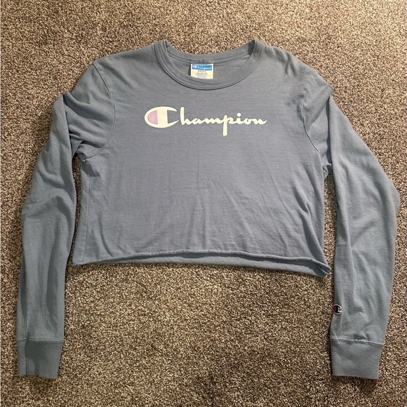 Champion Sweaters - Champion Grey Crewneck Cropped Sweatshirt with Blue Logo Tag